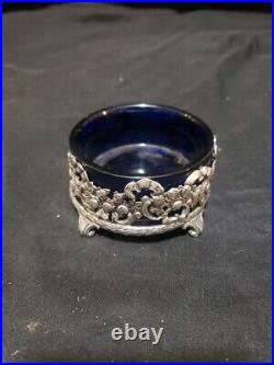 Sterling Silver Master Salt Cellar Cobalt Blue Liner Black Starr & Frost Floral