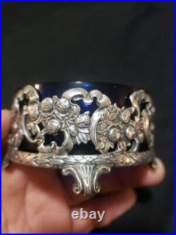 Sterling Silver Master Salt Cellar Cobalt Blue Liner Black Starr & Frost Floral