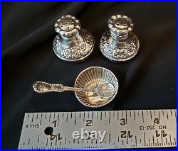 Sterling Silver Repousse Salt & Pepper Shakers with Salt Cellar w Spoon Mono H