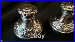 Sterling Silver Repousse Salt & Pepper Shakers with Salt Cellar w Spoon Mono H