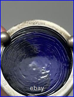 Sterling Silver Salt Cellar Bowl with Salt Spoon Cobalt Blue Glass Vintage