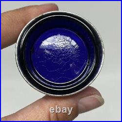 Sterling Silver Salt Cellar Bowl with Salt Spoon Cobalt Blue Glass Vintage