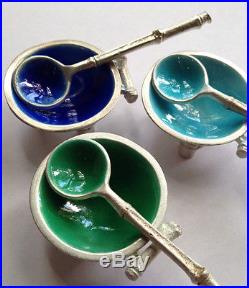 Sterling silver individual salt dishes and spoons, cobalt enamel, aqua and green