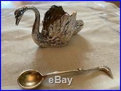 Sterling silver swan salt with swan spoon