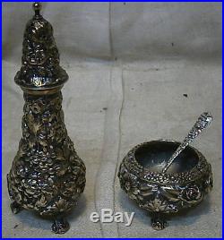 Stieff Rose Sterling Silver Hand Chase Pepper Shaker Salt Cellar Spoon reprousse