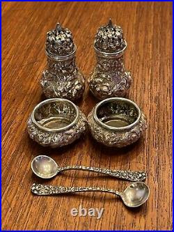 Stieff Sterling Silver Rose Salt & Pepper Shakers With Salt Cellars & Spoons