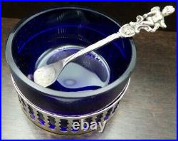 Stunning Antique Art Deco European 800 Silver & Cobalt Glass Salt Cellar & Spoon