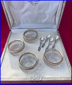 Superb 1900's French Set 4 Vermeil Salt Cellars Spoons Sterling SILVER Crystal