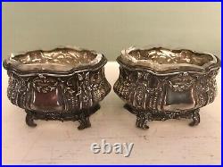 Superb Pair of 19thC French Solid Silver Salt Cellars w. Original Crystal Liners