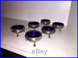TIFFANY VINTAGE STERLING SALT CELLARS WITH BLUE GLASS LINERS (4) TIFF. AND (2) A