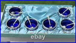 TWR Silver Plate & Cobalt Blue Glass Salt Cellars with Spoons Lot Of 6