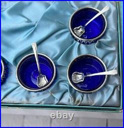 TWR Silver Plate & Cobalt Blue Glass Salt Cellars with Spoons Lot Of 6