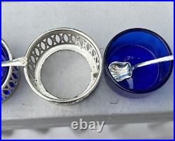 TWR Silver Plate & Cobalt Blue Glass Salt Cellars with Spoons Lot Of 6