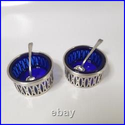 TWR Sterling Silver & Cobalt Blue Glass Salt Cellars with Spoons