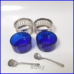 TWR Sterling Silver & Cobalt Blue Glass Salt Cellars with Spoons