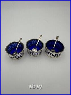 TWR Sterling Silver & Cobalt Blue Glass Salt Cellars with Spoons Set Of 3