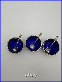 TWR Sterling Silver & Cobalt Blue Glass Salt Cellars with Spoons Set Of 3