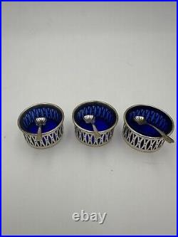 TWR Sterling Silver & Cobalt Blue Glass Salt Cellars with Spoons Set Of 3