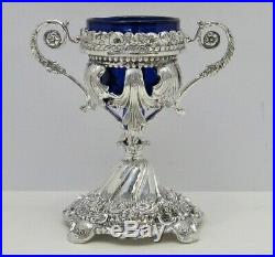 Tall 925 Sterling Silver & Blue Glass Insert Leaf Applique Standing Salt Holder