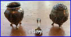 Thai Buddhas Aspara/Dakini Dancers Coin Silver Salt Cellar Spoon Pepper Shaker
