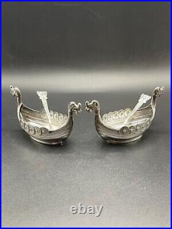 Theodor Olsens Eftf Pair of Sterling Silver Viking Ship Salts with Spoons