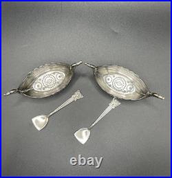 Theodor Olsens Eftf Pair of Sterling Silver Viking Ship Salts with Spoons