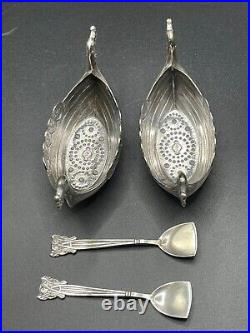 Theodor Olsens Eftf Pair of Sterling Silver Viking Ship Salts with Spoons