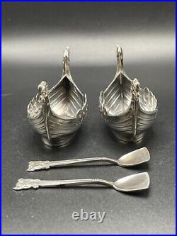 Theodor Olsens Eftf Pair of Sterling Silver Viking Ship Salts with Spoons