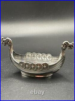 Theodor Olsens Eftf Pair of Sterling Silver Viking Ship Salts with Spoons