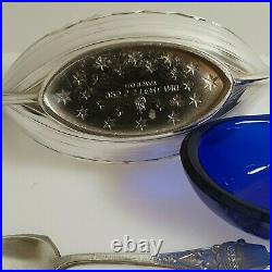 Theodor Olsens Sterling Silver Viking Ship Blue Glass Liner Salt Cellar w Spoon
