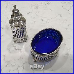 Tiffany & Co. Makers Sterling Silver Salt Cellar & Pepper Shaker with Cobalt Glass