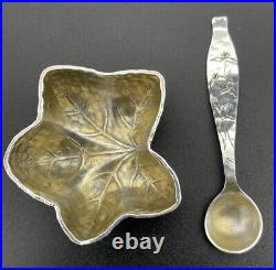 Tiffany Hand Hammered Sterling Silver Leaf Open Salt Cellar With Spoon Aesthetic