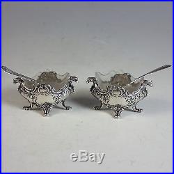 Two Antique 800 Silver Salt Cellars, Salts Glass Liners, Sterling Spoons Griffin