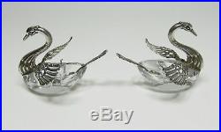 Two Sterling Silver and Crystal Swan Salt Cellars Salts with Sterling Spoons
