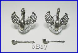 Two Sterling Silver and Crystal Swan Salt Cellars Salts with Sterling Spoons