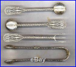 Unused Set of 6 Antique Silver Filigree Coin Bowl Spoons + Fork + Tongs c. 1900