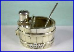 Unusual Pair Tub Sterling Silver Salt Cellar & Pepper, Glass Insert & Spoon