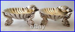 VICTORIAN PAIR 1876 Solid Silver DOLPHIN SHELL OPEN SALT CELLARS DRAGON CREST