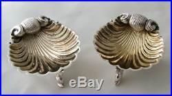 VICTORIAN PAIR 1876 Solid Silver DOLPHIN SHELL OPEN SALT CELLARS DRAGON CREST