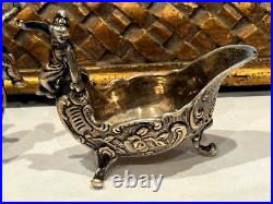 VICTORIAN Pr Ornate Salt Cellar Sterling Silver child on vessel Form Footed 103g