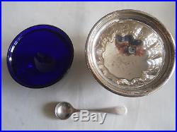 VINTAGE BIRKS 925 Sterling cobalt blue liners Salt Pepper Cellars Mustard Pot