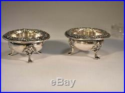 VTG 1932 S Kirk & Son Sterling Repousse Footed Salt Cellars Glass Liners
