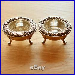 VTG 1932 S Kirk & Son Sterling Repousse Footed Salt Cellars Glass Liners