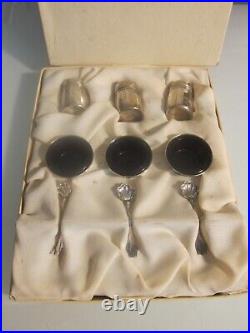 VTG STERLING SET OF 3 INDIVIDUAL PEPPER & SALT withPURPLISH GLASS CELLARS & SPOONS