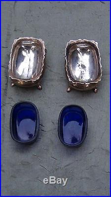 Victorian English Sterling Salt Sellars Large Cobalt Blue Inserts Circa 1901