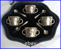 Victorian Era London Sterling Silver 4 Personal Salts & Spoons In Fitted Case