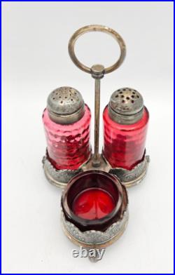 Victorian Rogers & Bro. Silver Plate Cranberry Glass Shakers & Salt Cellar 1800s