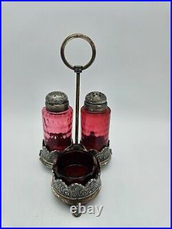 Victorian Rogers & Bro. Silver Plate Cranberry Glass Shakers & Salt Cellar 1800s