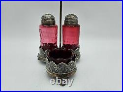 Victorian Rogers & Bro. Silver Plate Cranberry Glass Shakers & Salt Cellar 1800s