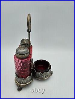 Victorian Rogers & Bro. Silver Plate Cranberry Glass Shakers & Salt Cellar 1800s